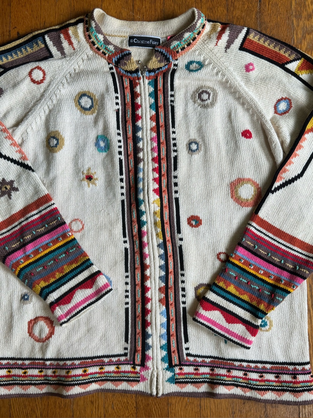 Christine Foley sweater Cream Multicolor Zip-Front Embroidered Cardigan